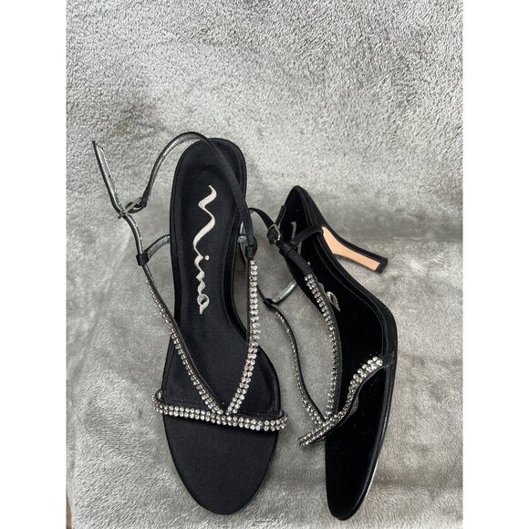 Nina Shoes - Vtg Nina Women’s 8 Sandals EU 38 Black Silk  Rhinestone Slingback Kitten Heels